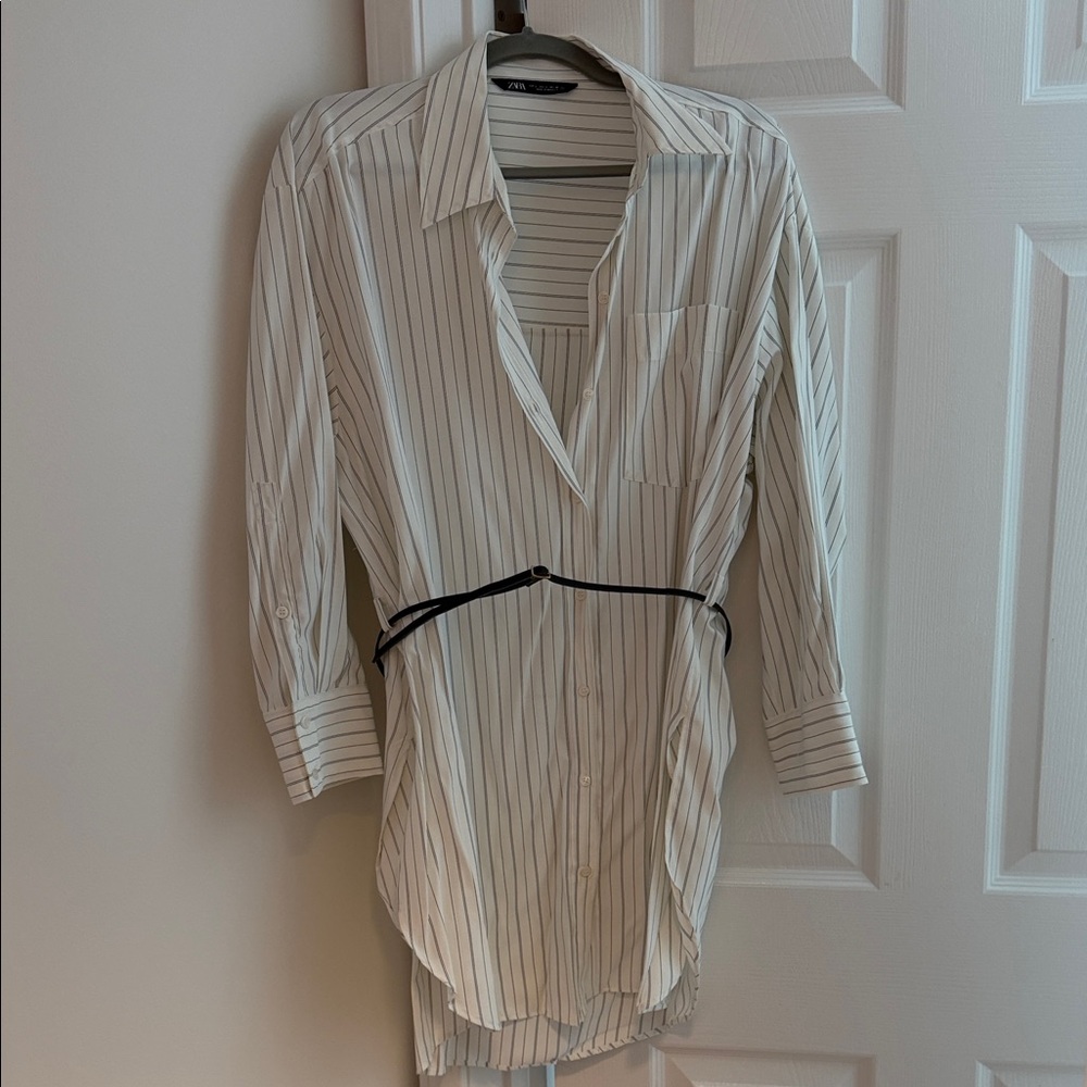 Zara White and Black Striped Button Down Tunic Shirt Dress with Belt Size L